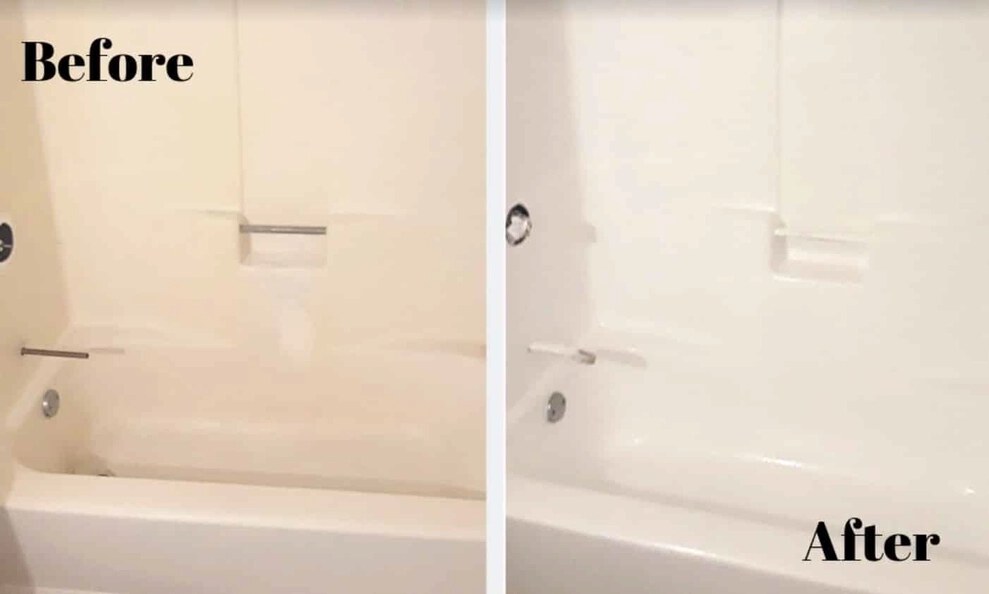 The image shows a before and after shot of the same bathtub, the before one looks yellow and the after one looks white.